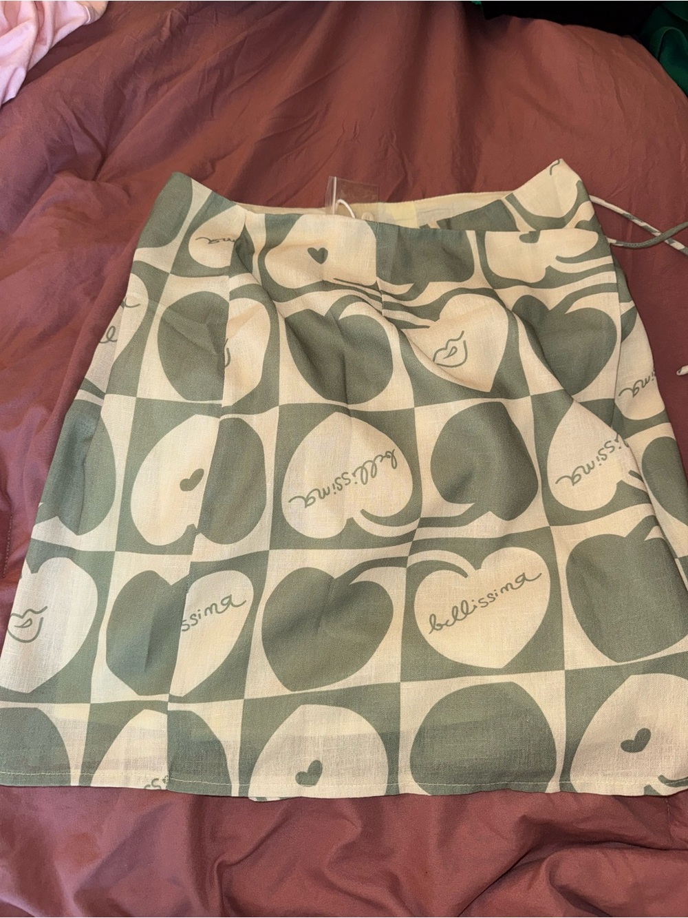 Selfie Leslie Ithaca Cherry Print Mini Wrap Skirt Sage Beige